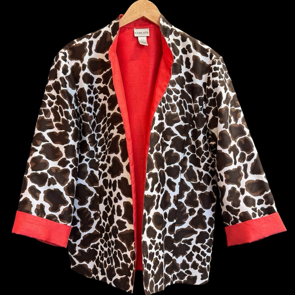 CHICO'S Animal Print‎ Open Front Blazer Brown White Coral Lining Size 3 #071